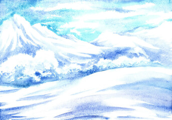 Watercolor drawing with mountain landscape. Artistic illustration. Winter landscape with snowy mountains. © ANTONINA MASLOVA