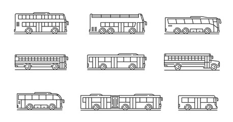 City, travel and school bus line icons. Passenger transportation, urban transport outline vector symbols or thin line pictograms with contemporary school, doubledecker and articulated buses - obrazy, fototapety, plakaty