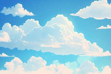Background of a blue sky, soft focus of white clouds, and copy space. Generative AI