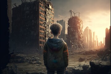 Child and war. Boy in the ruined city. Child of war, child and war. Created with Generative AI technology