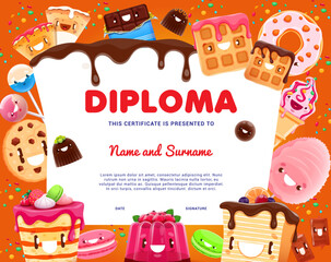 Kids diploma cartoon bakery, cookie, cake and pie dessert characters. Vector certificate with kawaii wafer, donut, cookie and candy cotton. Pudding, macaroon, chocolate lollipop, ice cream personages - obrazy, fototapety, plakaty