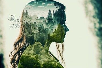  a woman's face with trees and birds in the background, and a forest in the foreground, with a sky background of clouds and trees and a bird in the foreground. Generative AI