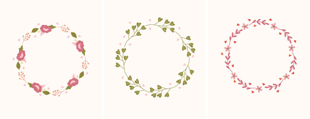Set of minimalistic wreaths with bright flowers, leaves, hearts and space for your text. The concept of love, holidays. Composition for greeting cards, posters, banners. Vector.