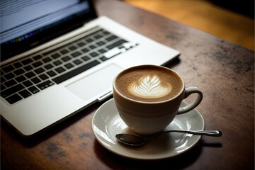  a cup of coffee sitting on top of a saucer next to a laptop computer on a table with a spoon and spoon in fron Generative AIt of it on a saucer with a saucer.
