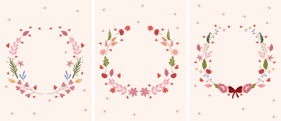Beautiful greeting cards with wreaths of flowers, leaves and hearts in a around. Bright illustrations for greeting cards, invitations to weddings, birthdays and others. Vector. 