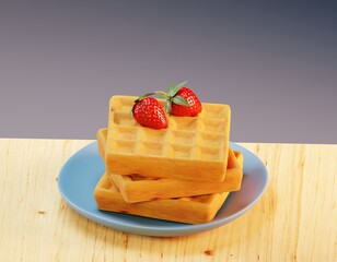 Belgian waffle on a plate with strawberries, 3d illustration


