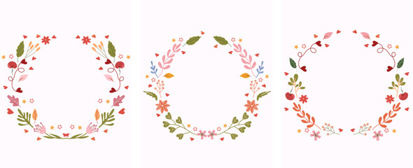 Set of minimalistic wreaths with bright flowers, leaves, hearts and space for your text. The concept of love, holidays. Composition for greeting cards, posters, banners. Vector.