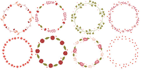 Set of minimalistic wreaths with bright flowers, leaves, hearts and space for your text. The concept of love, holidays. Composition for greeting cards, posters, banners. Vector.
