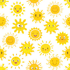Sun characters seamless pattern. Cartoon cheerful sun personages with smiling, laughing faces, hand drawn rays or beams. Textile or fabric summer print, vector background or wallpaper