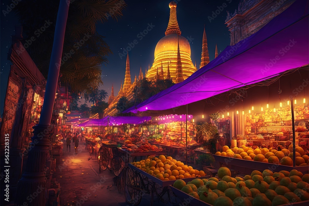 Sticker  a night market with a lot of fruit and vegetables on display under a purple awning with a lit up temple in the background at night time of full of light, with a full moon. generative ai Generative AI