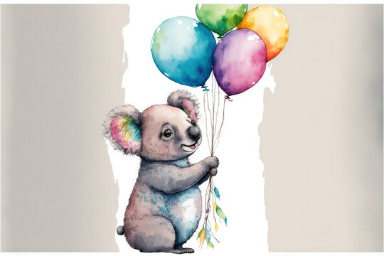  a watercolor painting of a koala holding balloons in its paws and a rainbow mane on its tail, with a white background and a white border with a light gray border, with a. Generative AI