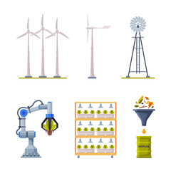 Green energy sources set. Nature renewable energy, ecology protection, innovation and technology cartoon vector illustration