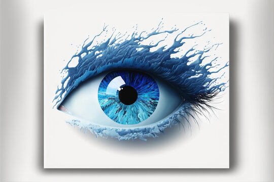  a blue eye with water splashing on it's iris and a black eyeball in the center of the iris, with a white background of a white square frame with a white border. generative ai