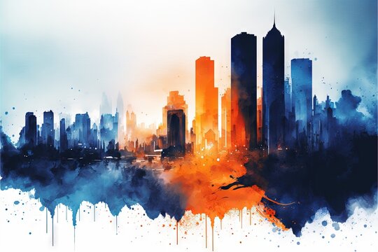  a painting of a city skyline with orange and blue colors and a blue sky background with a yellow and orange splash of paint on it and a white background with a black and white border. generative ai