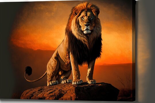 a painting of a lion on a rock with a sunset in the background and a red sky in the background, with a yellow and orange hued sky, with a black background, with a. generative ai