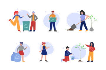 Fototapeta na wymiar Children volunteers gathering waste for recycling and planting trees set. Nature and ecology protection cartoon vector illustration