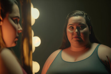 Fototapeta premium a young overweight woman looks at herself in the mirror in shock, reflection of the upper body causing a dissatisfied or self-critical expression on her face. Generative AI