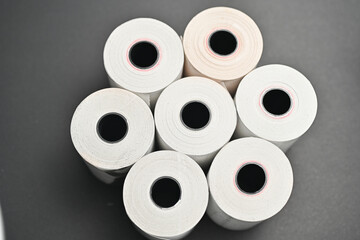 Rolls of white labels isolated. Labels for direct thermal or thermal transfer printing. Blank sticky label roll for thermal transfer printing pirce criss.
