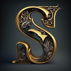 Letter S with plant pattern metallic engraving. 3d design.