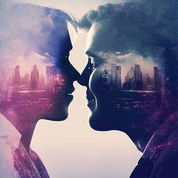 Romantic couple profiles before kissing superimposed on city background