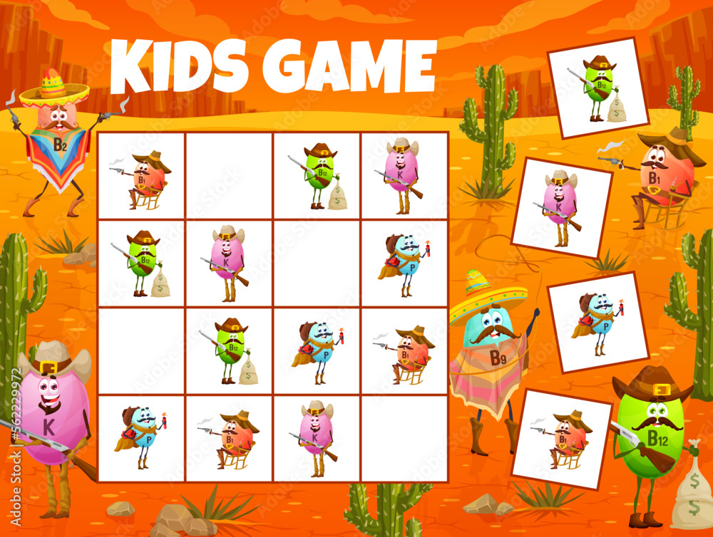 Poster sudoku game worksheet, cartoon vitamins. help the sheriff and cowboy catch the bandits. vector riddl