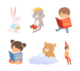 Cute little boy and girl reading fairy tail fantasy book. Heroes of fairy tales set cartoon vector illustration