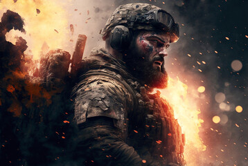 Obraz premium abstract illustration of a soldier with an explosion or fire in the background, fictional man as a soldier in war. Generative AI