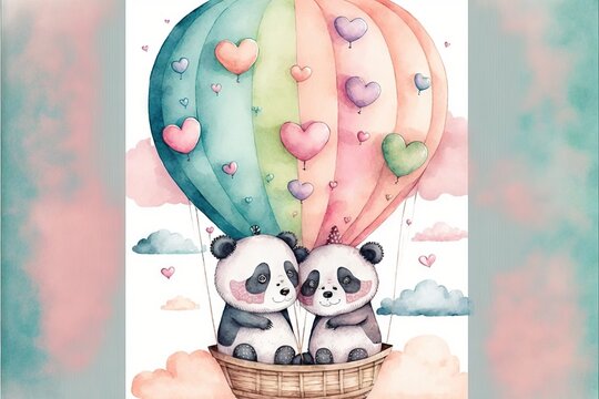  a couple of pandas are in a hot air balloon with hearts on it's tail and a heart shaped balloon above them, with a sky background of clouds and hearts. Generated AI