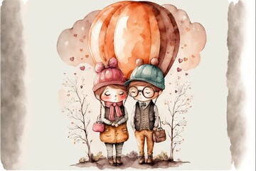 Obraz premium a couple of people that are standing in front of a balloon with a sky background and clouds behind them, with a watercolor painting of two people holding hands and a hot air balloon. Generative AI