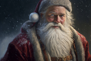 sad or tired Santa Claus with his long white beard with snowflakes, a fictional person. Generative AI