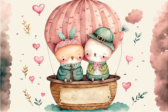  a couple of animals that are in a hot air balloon with hearts on it's side and a sign that says hello aluna on the bottom of the balloon, and a pink background. Generated AI