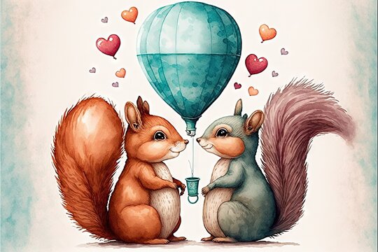  two squirrels are holding a hot air balloon in the shape of a heart and a squirrel is holding a cup with a liquid inside it, and a heart shaped balloon in the shape of. Generative AI