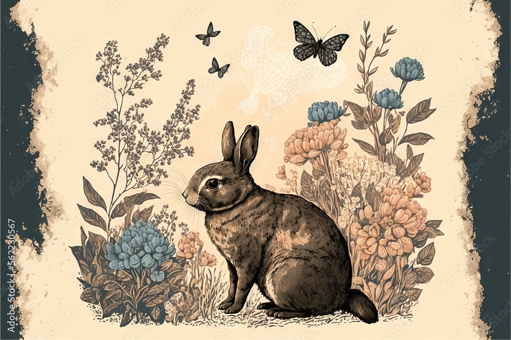 Sticker a rabbit sitting in a field of flowers and butterflies with a butterfly flying above it, in a sepia 