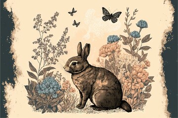 a rabbit sitting in a field of flowers and butterflies with a butterfly flying above it, in a sepia tone background with a faded paper texture and a faded edge to the bottom with. Generative AI
