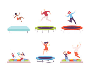 Happy men, women and children jumping on trampolines set. Energetic people bouncing and having fun flat vector illustration