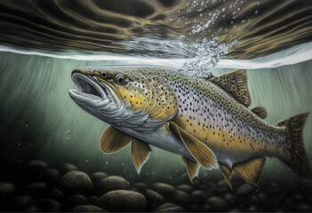 Obraz premium Neon Subaqueous Life: A Realistic Trout Drawing in an Artificial Aquatic Scenery