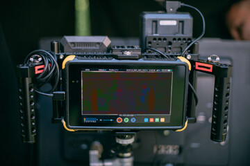 Fototapeta premium Film crew, lighting devices, monitors, playbacks - filming equipment and a team of specialists in filming movies