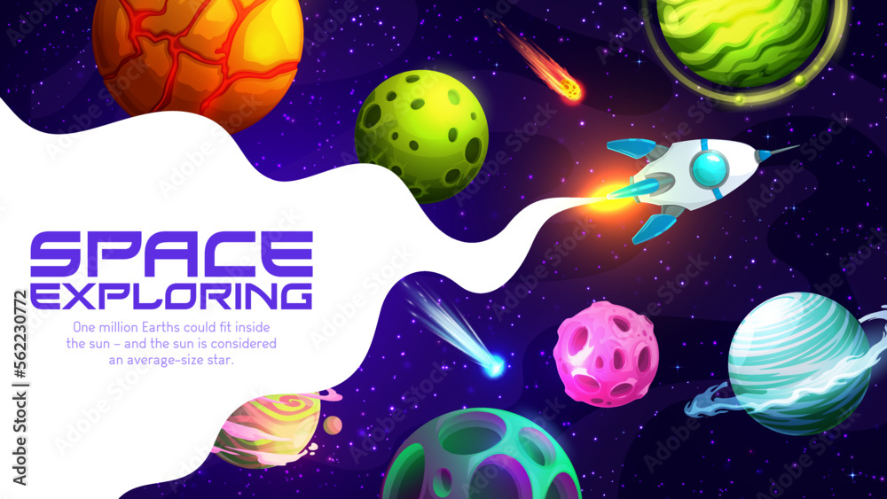 Poster space landing page. cartoon galaxy and flying rocket spaceship. company internet site layout, startu