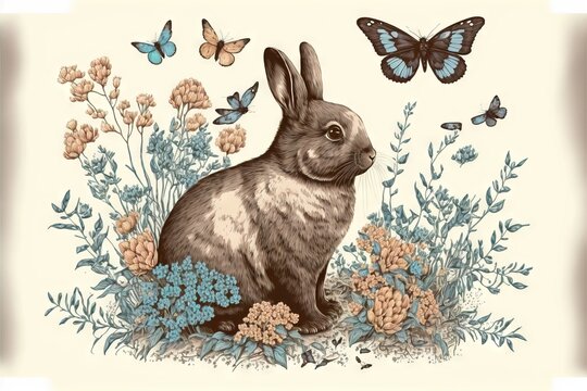  rabbit sitting in a field of flowers and a butterfly flying above it and butterfly flying above it, with a white background blue and brown flowers and blue butterflies,. Generative AI