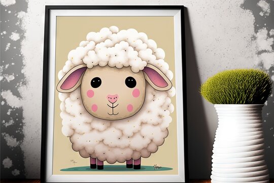  a picture of a sheep with a pink nose and black eyes on a shelf next to a vase with a green plant in it and a white vase with a green spiky substance. Generative AI