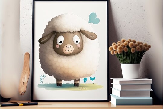  a picture of a sheep with a bird on it's head and a vase with flowers in front of it on a shelf next to a books and a vase with a plant and a. Generative AI