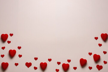 Valentine's day background. Pastel banner with red hearts and gift with ribbon. Place for text.