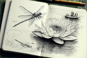  a drawing of a dragonfly and a water lily on a notebook with a pencil in it and a drawing of a dragonfly on the page of a book with a dragonfly and a. Generative AI