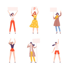 Set of women protesting for their rights. Female characters standing with their hands raised and holding banner flat vector illustration