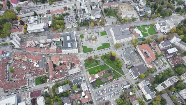 Aerial view of city Banja Luka in Bosnia and Herzegovina, city center, parks and residential houses, river Vrbas, old fortress