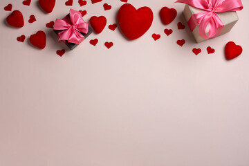 Valentine's day background. Pastel banner with red hearts and gift with ribbon. Place for text.