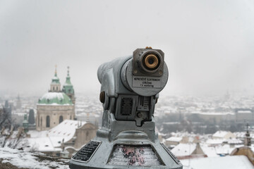city, landscape, Prague telescope. View of snowy Prague.