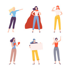 Set of women protesting for their rights. Women empowerment and feminist movement, girl power flat vector illustration