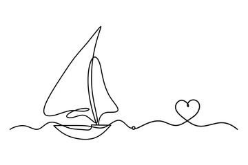 Abstract boat with heart as line drawing on white background. Vector