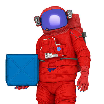 astronaut is holding a precious container box